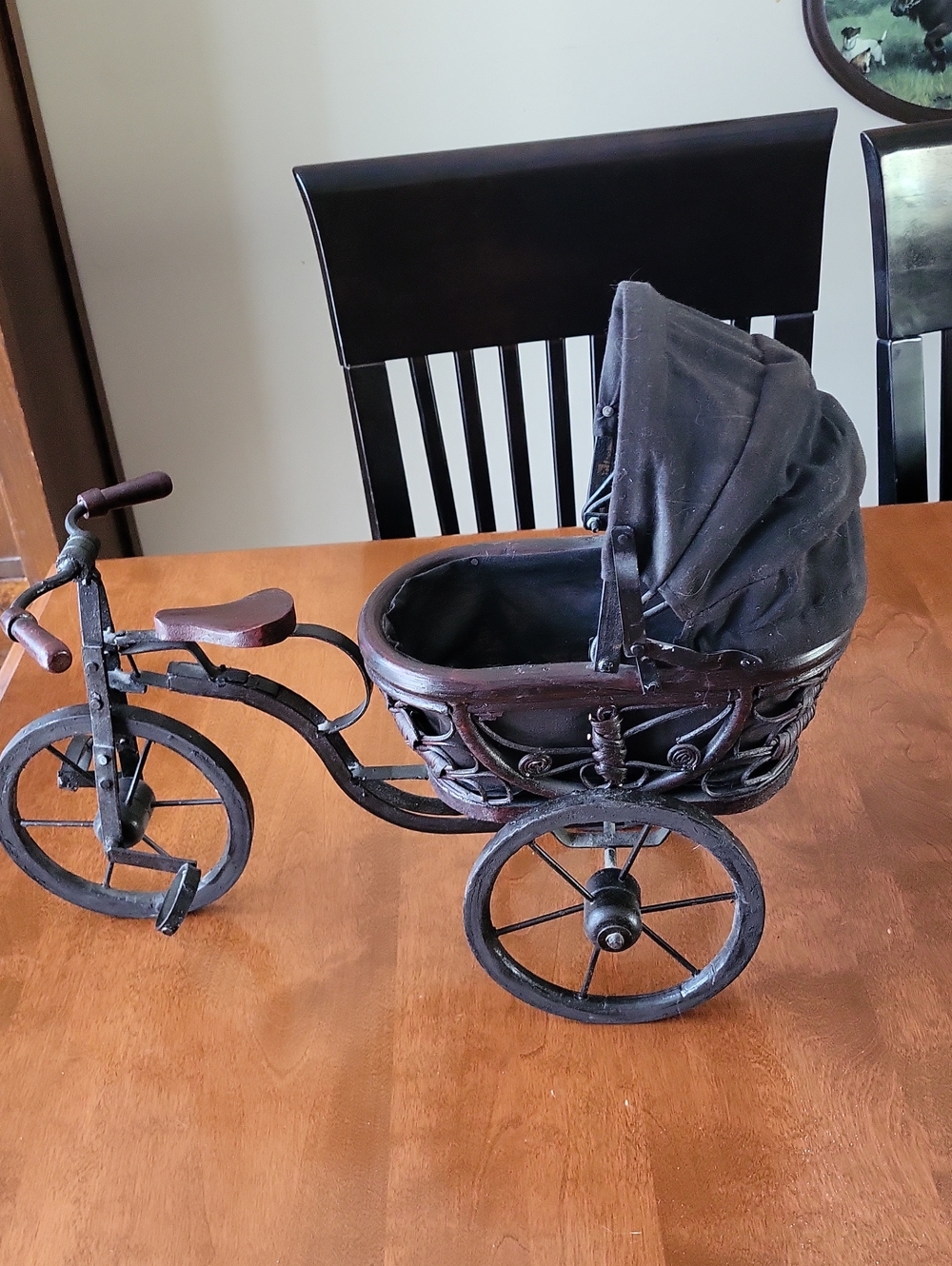 Decorative Vintage-Style Black Tricycle Planter/doll Buggy with Fabric Canopy